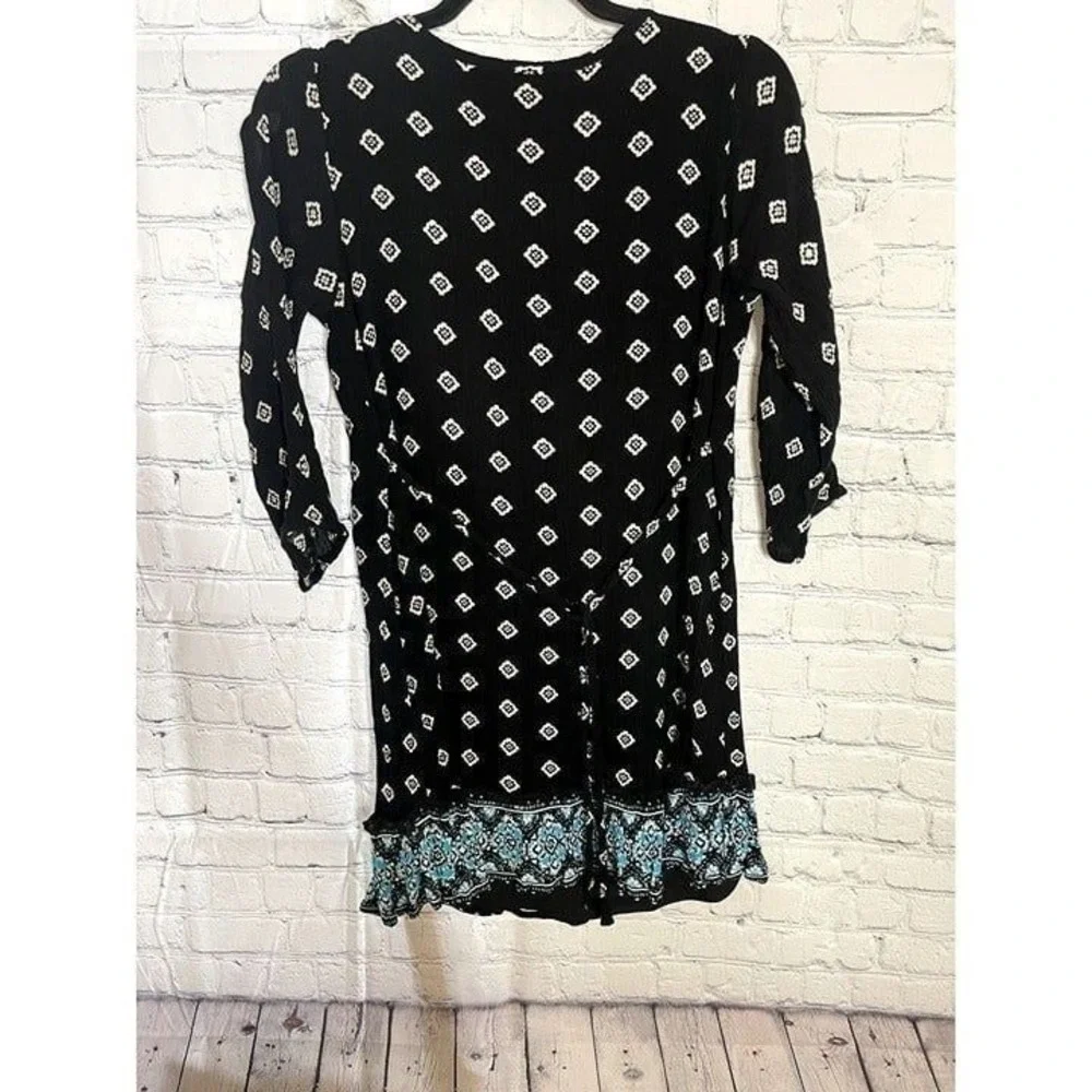 Justice Girls Black Turquoise Geometric Boho Cold Shoulder Tunic Top Size 18